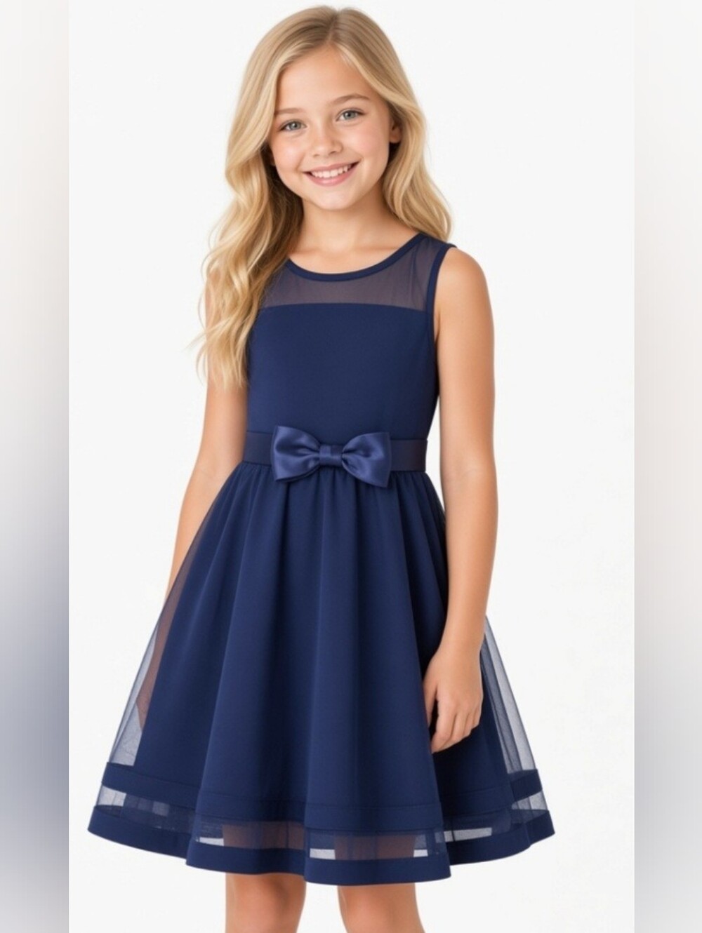 Calvin Klein Girls Sleeveless Navy Bow Party Dress( Sz:8)
